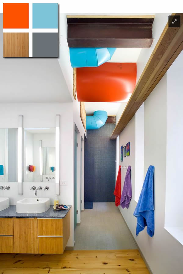 colours - blue + orange + wood - bathroom