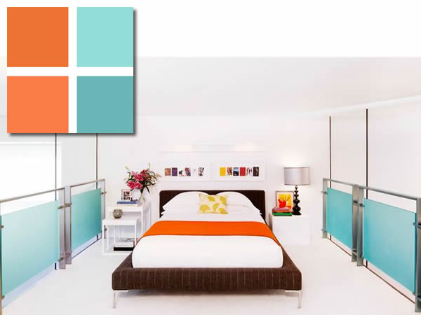 colours - blue + orange bedroom palette